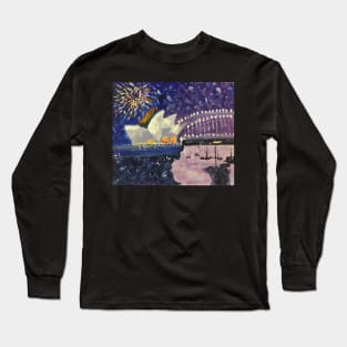 Sydney Harbour New Year Eve Fireworks 2, a painting by Geoff Hargraves Long Sleeve T-Shirt